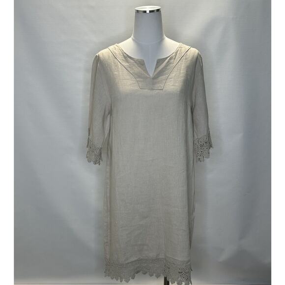 Alessia Pacini Dress Large Beige Linen Tunic Crochet Lace Trim Lightweight Italy - Picture 1 of 10